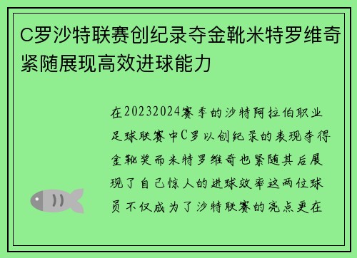 C罗沙特联赛创纪录夺金靴米特罗维奇紧随展现高效进球能力 C罗沙特联赛创纪录夺金靴米特罗维奇紧随展现高效进球能力