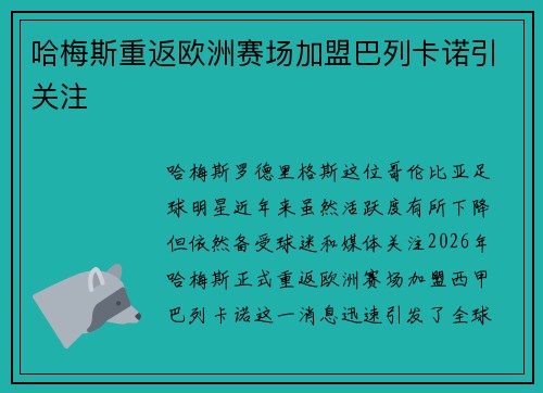 哈梅斯重返欧洲赛场加盟巴列卡诺引关注